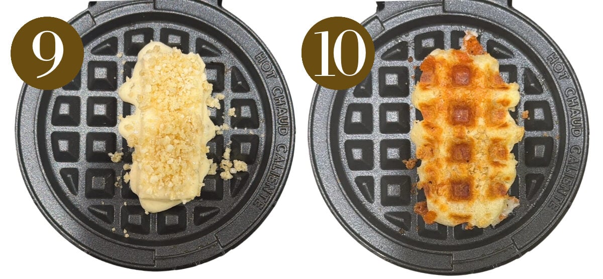 Steps to make mozzarella stick waffles.