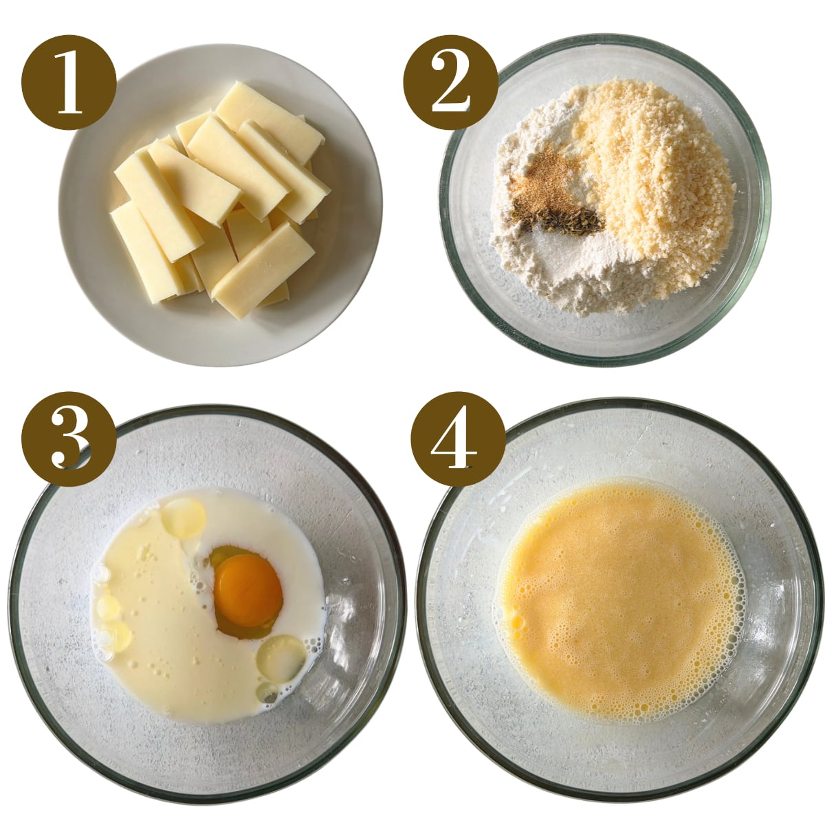 Steps to make mozzarella stick waffles.